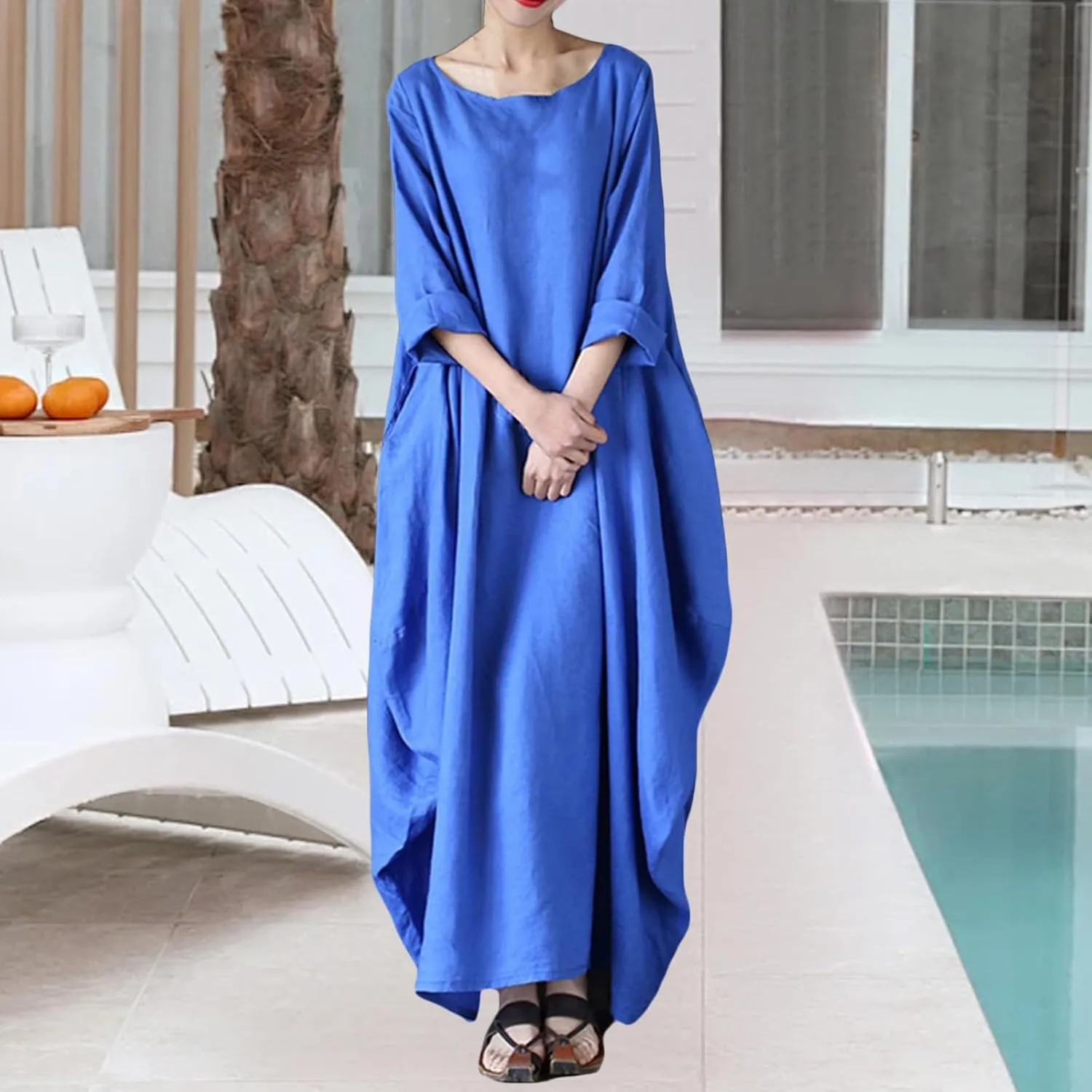 Womens Cotton Linen Maxi Dresses Oversized Loose Fit Long Sleeve Caftan Long Dress Summer Casual Solid Kaftan Dress