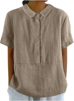 Womens Cotton Linen Short Button Down Linen Shirt Short Sleeve Cotton Blouse Summer Casual Loose Fit Beach Tops