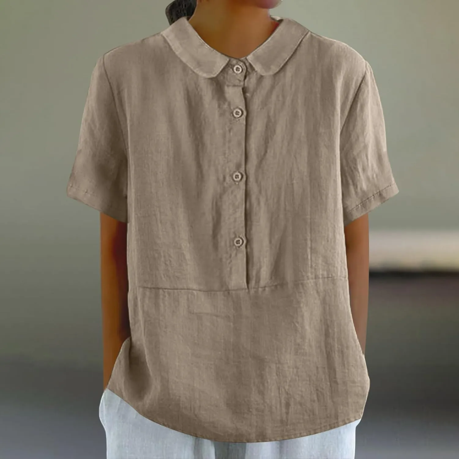 Womens Cotton Linen Short Button Down Linen Shirt Short Sleeve Cotton Blouse Summer Casual Loose Fit Beach Tops