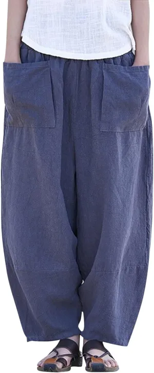 Womens Cotton Linen Summer Palazzo Pants Flowy Wide Leg Beach Pants High Waist Long Lounge Trouser with Pocket