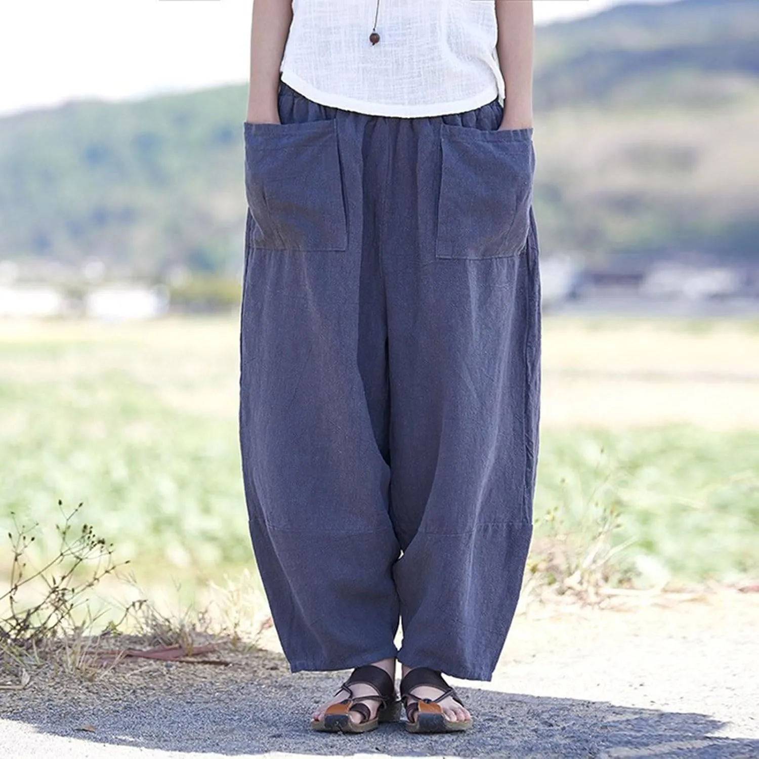 Womens Cotton Linen Summer Palazzo Pants Flowy Wide Leg Beach Pants High Waist Long Lounge Trouser with Pocket