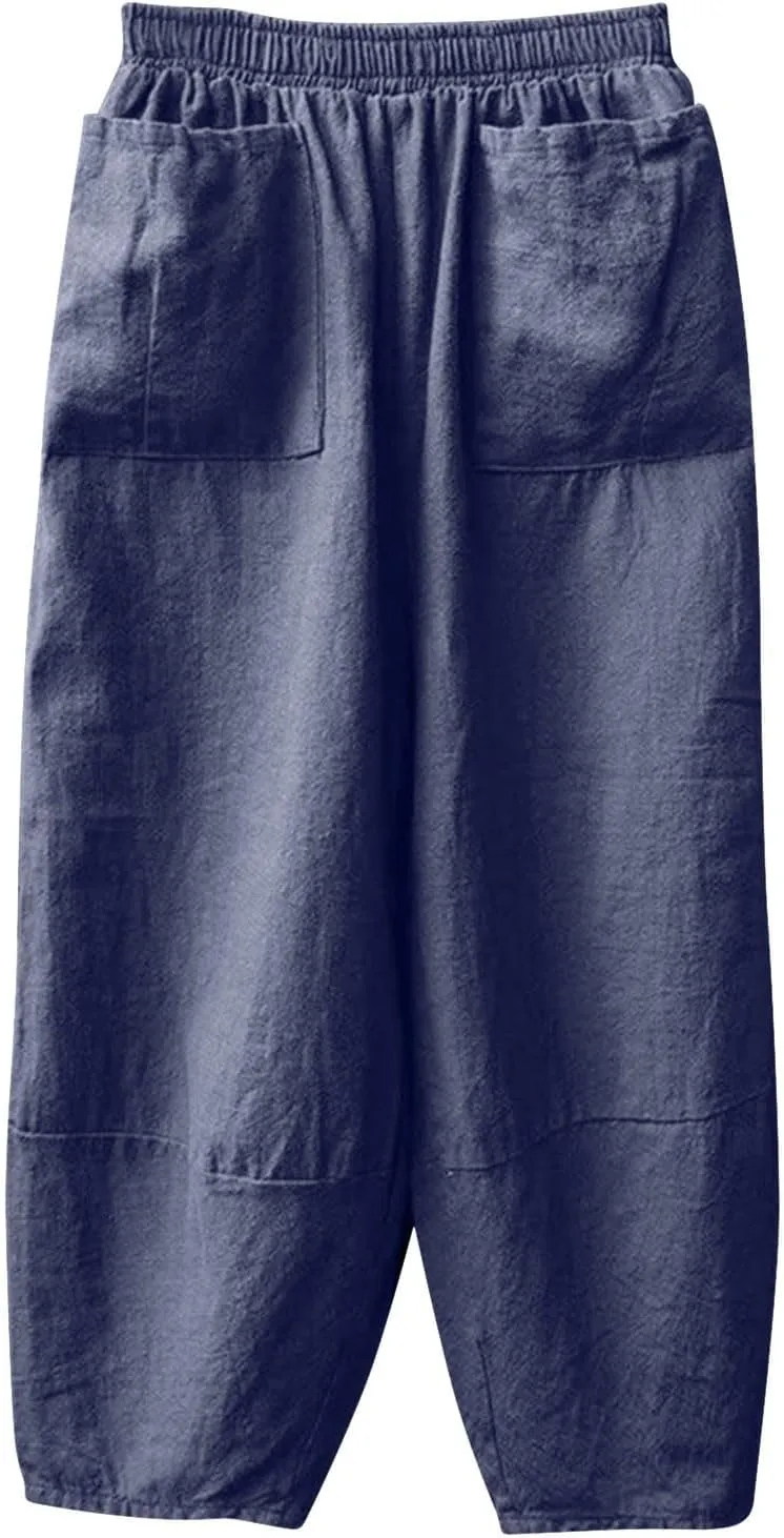 Womens Cotton Linen Summer Palazzo Pants Flowy Wide Leg Beach Pants High Waist Long Lounge Trouser with Pocket