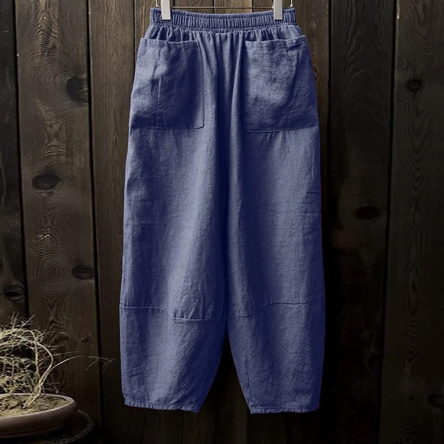 Womens Cotton Linen Summer Palazzo Pants Flowy Wide Leg Beach Pants High Waist Long Lounge Trouser with Pocket