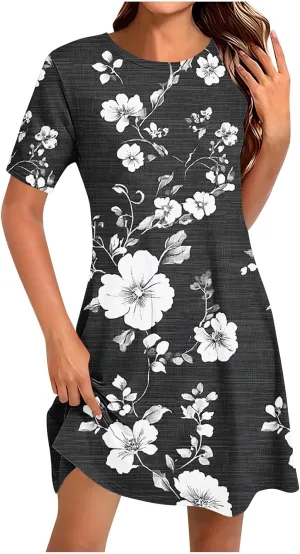 Womens Dress Fashion Floral Dress Casual Crewneck Short Sleeve Mini Dresses Beach Vacation Dress Long T-Shirt Dress
