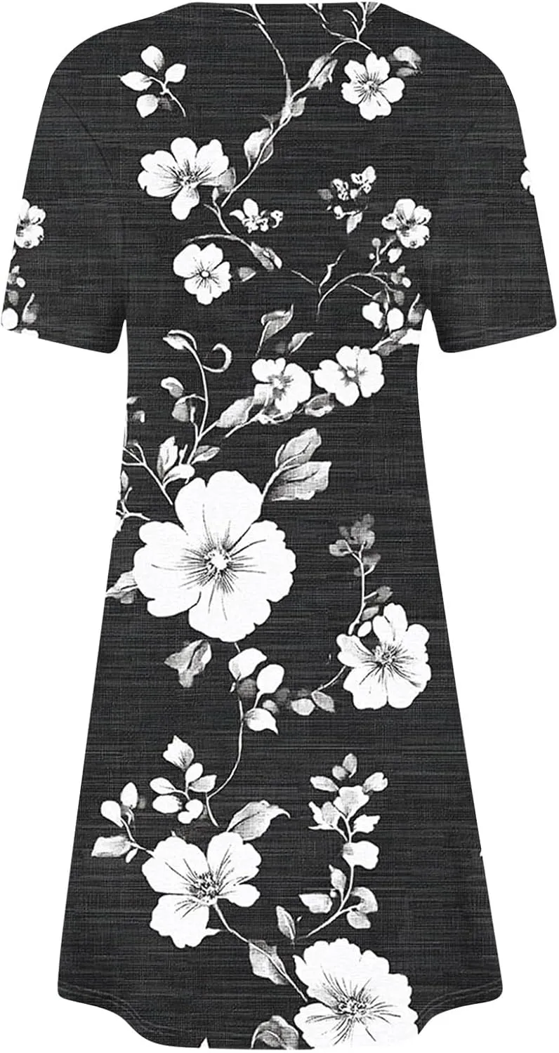 Womens Dress Fashion Floral Dress Casual Crewneck Short Sleeve Mini Dresses Beach Vacation Dress Long T-Shirt Dress