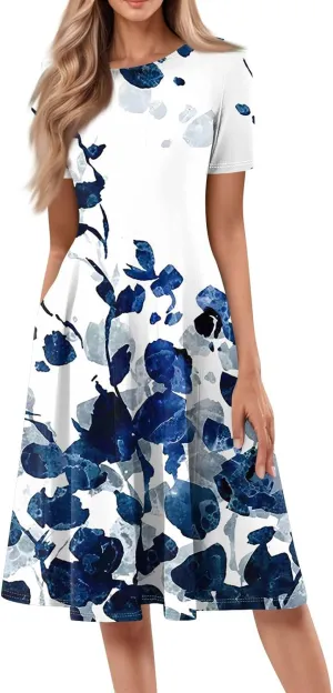 Womens Dresses 2025 Summer Empire Waist Midi Sun Dress Vacation Crewneck Short Sleeve A Line Dress Side Pockets