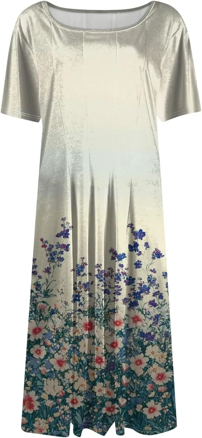 Womens Dresses 2025 Summer Empire Waist Midi Sun Dress Vacation Crewneck Short Sleeve A Line Dress Side Pockets