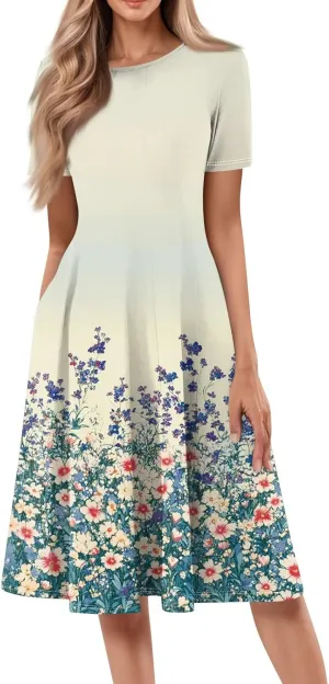 Womens Dresses 2025 Summer Empire Waist Midi Sun Dress Vacation Crewneck Short Sleeve A Line Dress Side Pockets