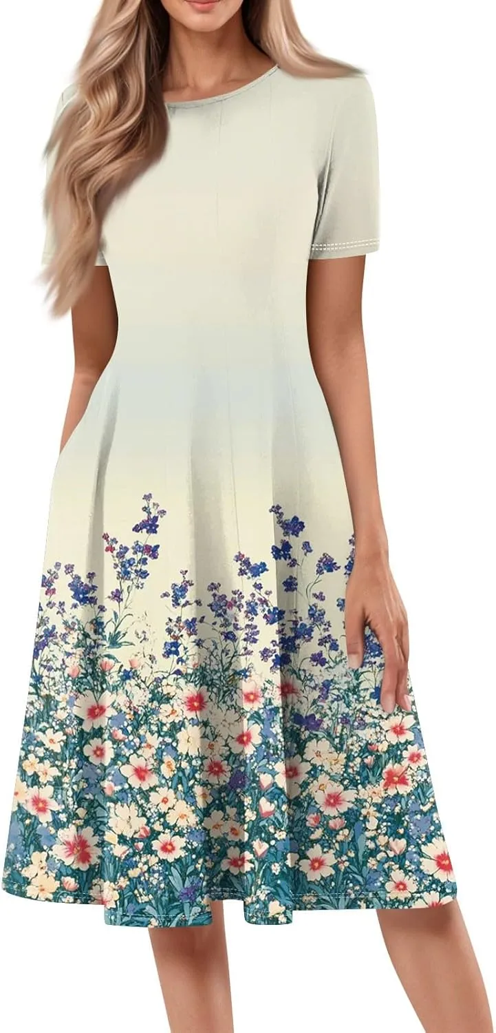 Womens Dresses 2025 Summer Empire Waist Midi Sun Dress Vacation Crewneck Short Sleeve A Line Dress Side Pockets