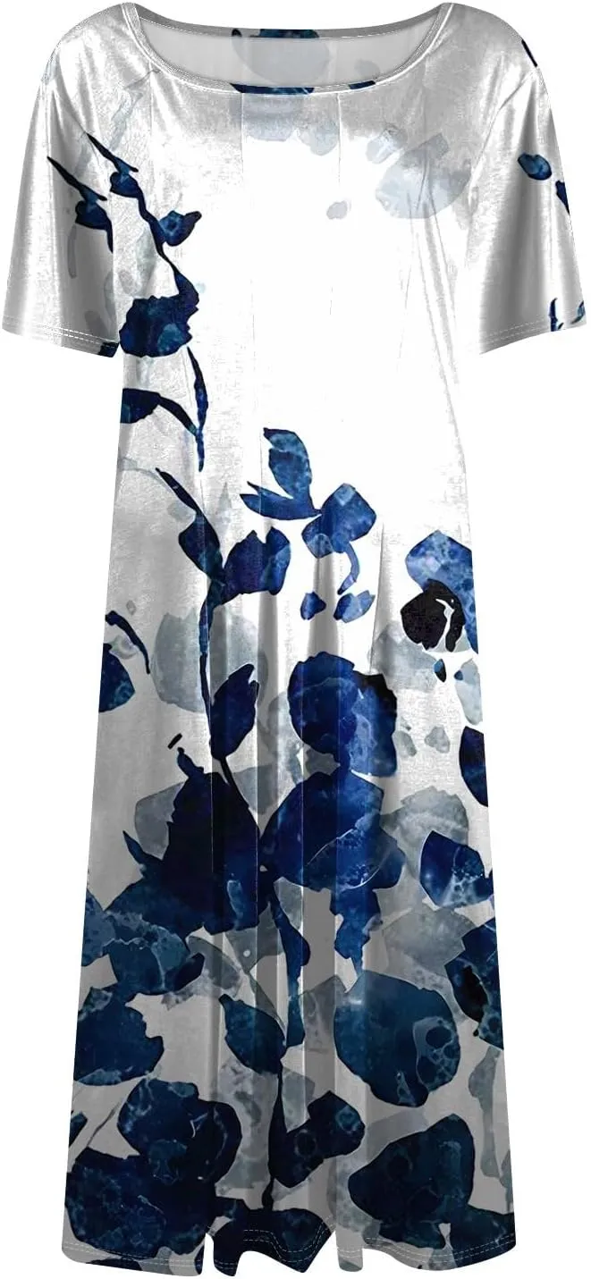 Womens Dresses 2025 Summer Empire Waist Midi Sun Dress Vacation Crewneck Short Sleeve A Line Dress Side Pockets