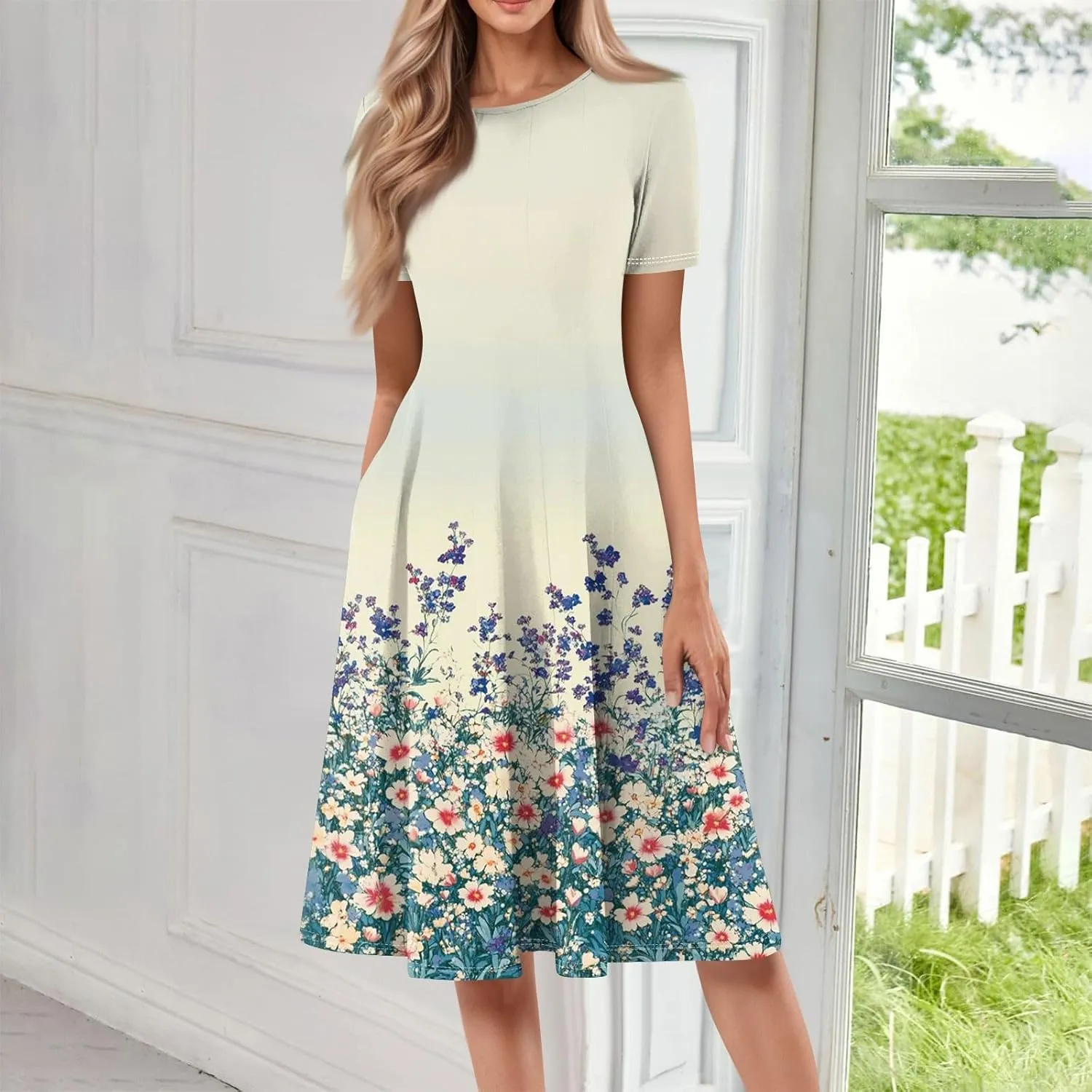 Womens Dresses 2025 Summer Empire Waist Midi Sun Dress Vacation Crewneck Short Sleeve A Line Dress Side Pockets