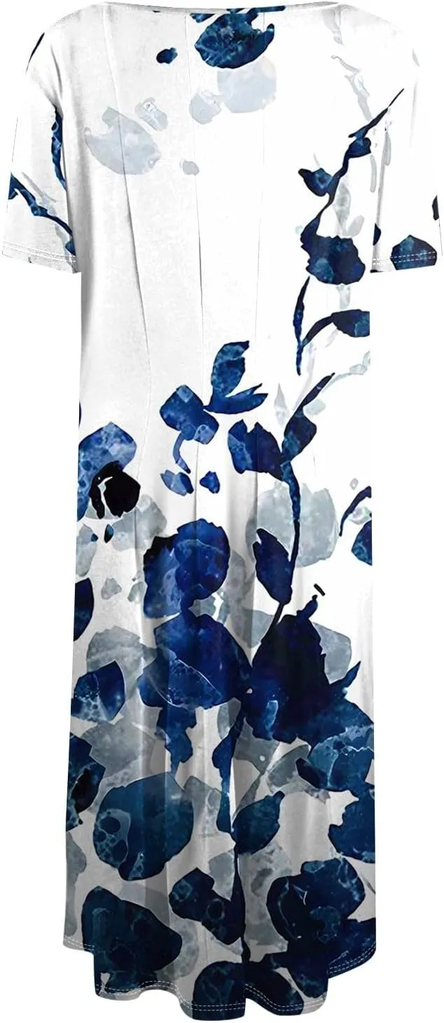 Womens Dresses 2025 Summer Empire Waist Midi Sun Dress Vacation Crewneck Short Sleeve A Line Dress Side Pockets
