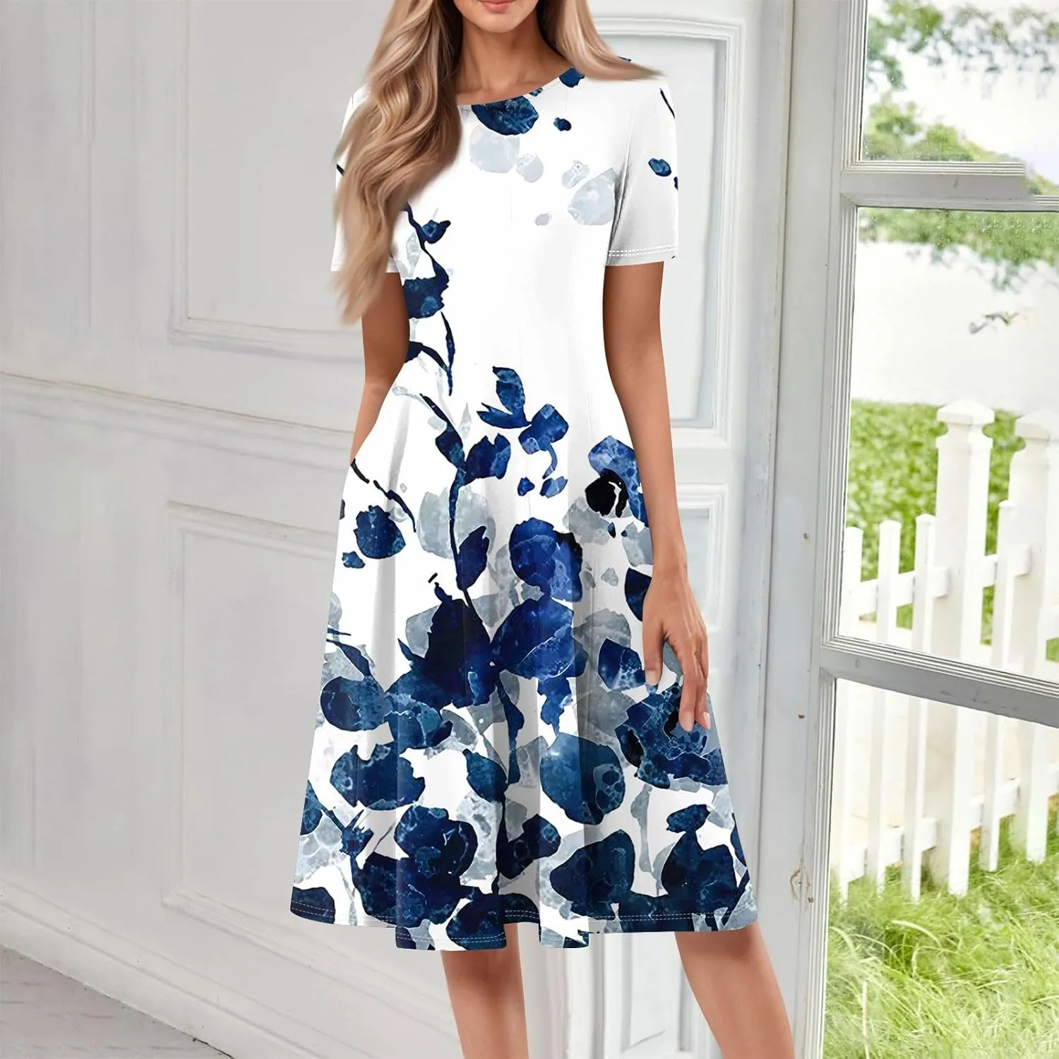 Womens Dresses 2025 Summer Empire Waist Midi Sun Dress Vacation Crewneck Short Sleeve A Line Dress Side Pockets