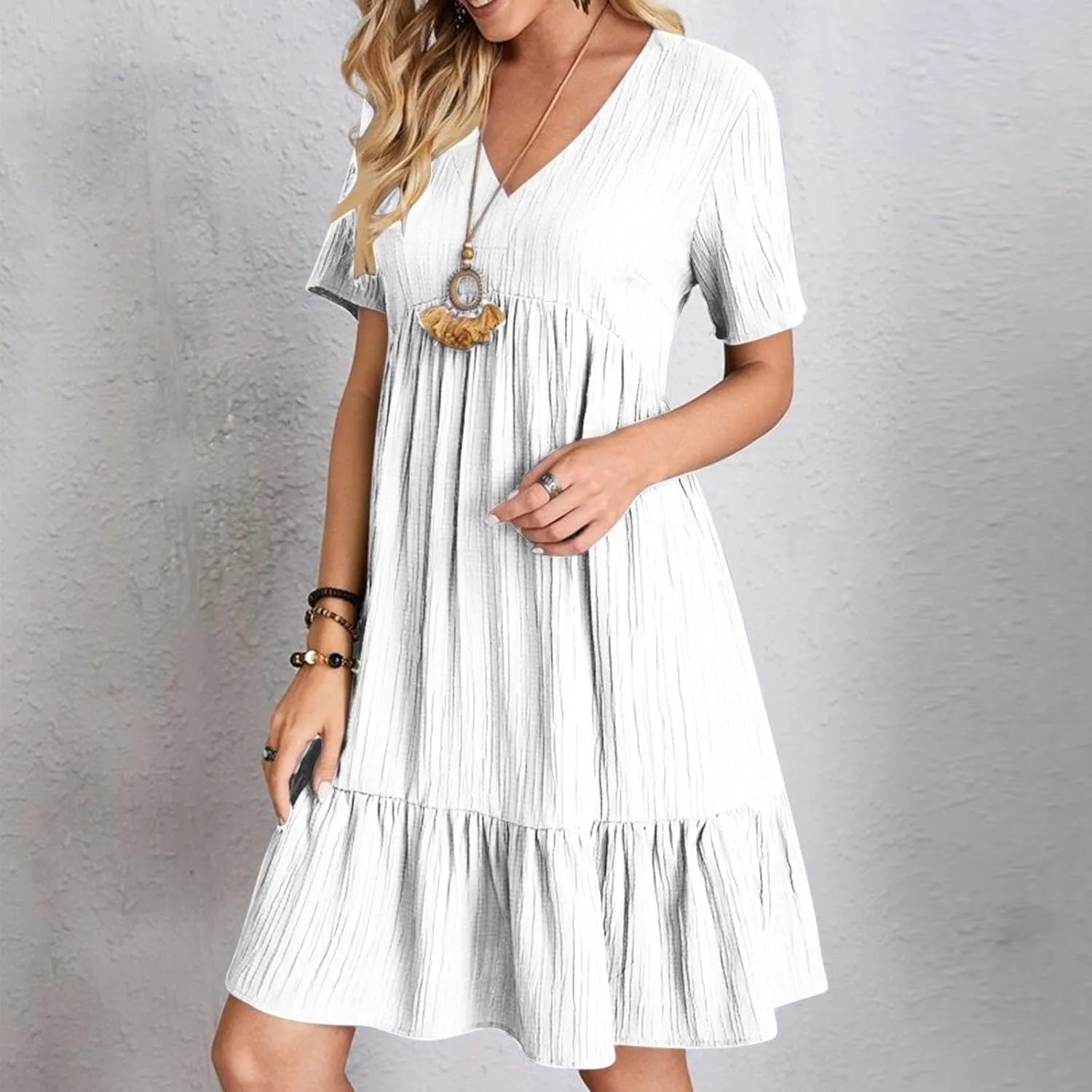Womens Dresses 2025 Summer Spring Short Sleeve V Neck Mini T Shirt Dress Pleated Ruffle Flowy Beach Sundresses 2025