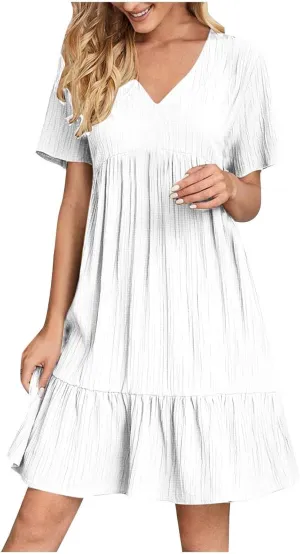 Womens Dresses 2025 Summer Spring Short Sleeve V Neck Mini T Shirt Dress Pleated Ruffle Flowy Beach Sundresses 2025