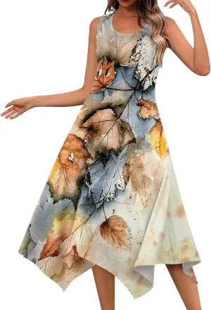 Women's Dresses Boho Sleeveless Round Neck Dress 2024 Casual Floral Printed Loose Irregular Hem Dress, S-2XL