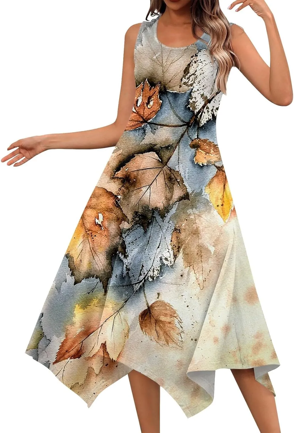 Women's Dresses Boho Sleeveless Round Neck Dress 2024 Casual Floral Printed Loose Irregular Hem Dress, S-2XL