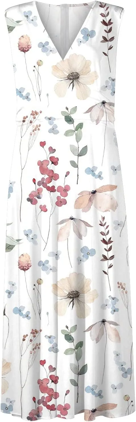 Womens Dresses Flowy Ruched Sleeveless Boho Dress Wrap V Neck Floral Print Beach Dresses Elegant Sundresses