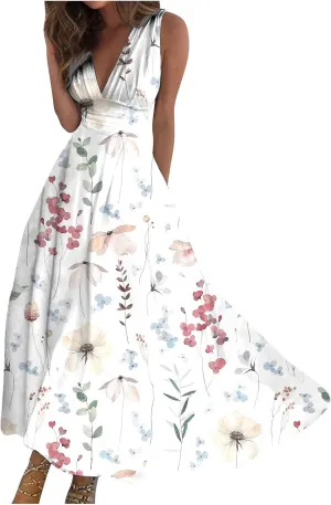 Womens Dresses Flowy Ruched Sleeveless Boho Dress Wrap V Neck Floral Print Beach Dresses Elegant Sundresses