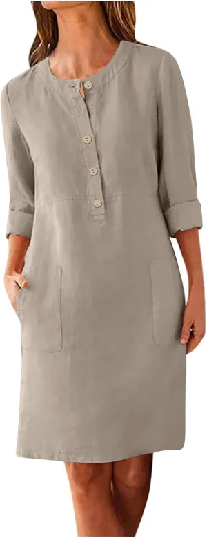 Women's Dresses Summer 2024 Dresses Casual Loose Solid Color Round Neck Short Sleeve Button Dresses, S-5XL