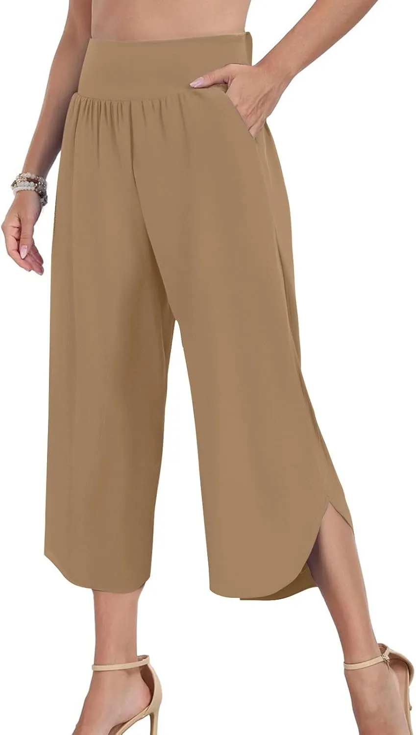 Women's Dressy Capri Pants Stylish Wide Leg Trousers with Pockets High Waist Casual Below Knee Wide Leg Shorts