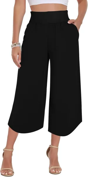 Women's Dressy Capri Pants Stylish Wide Leg Trousers with Pockets High Waist Casual Below Knee Wide Leg Shorts