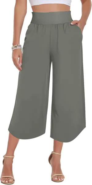 Women's Dressy Capri Pants Stylish Wide Leg Trousers with Pockets High Waist Casual Below Knee Wide Leg Shorts
