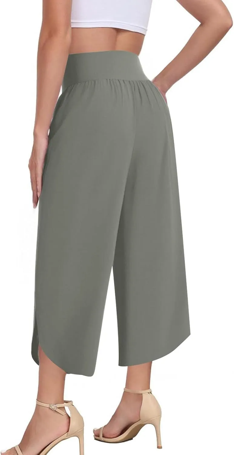 Women's Dressy Capri Pants Stylish Wide Leg Trousers with Pockets High Waist Casual Below Knee Wide Leg Shorts