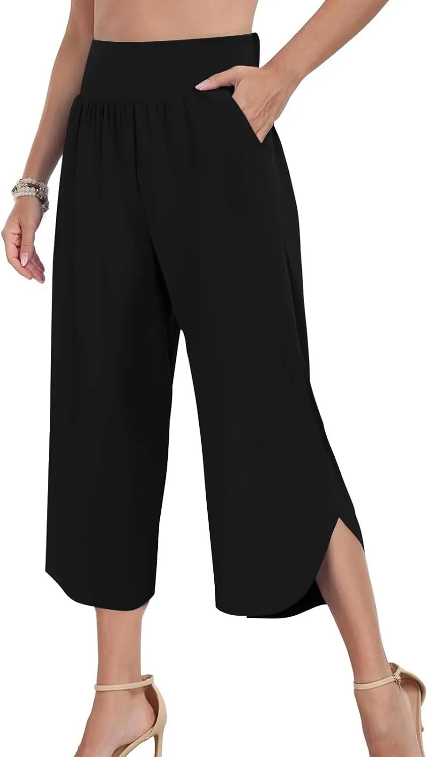 Women's Dressy Capri Pants Stylish Wide Leg Trousers with Pockets High Waist Casual Below Knee Wide Leg Shorts