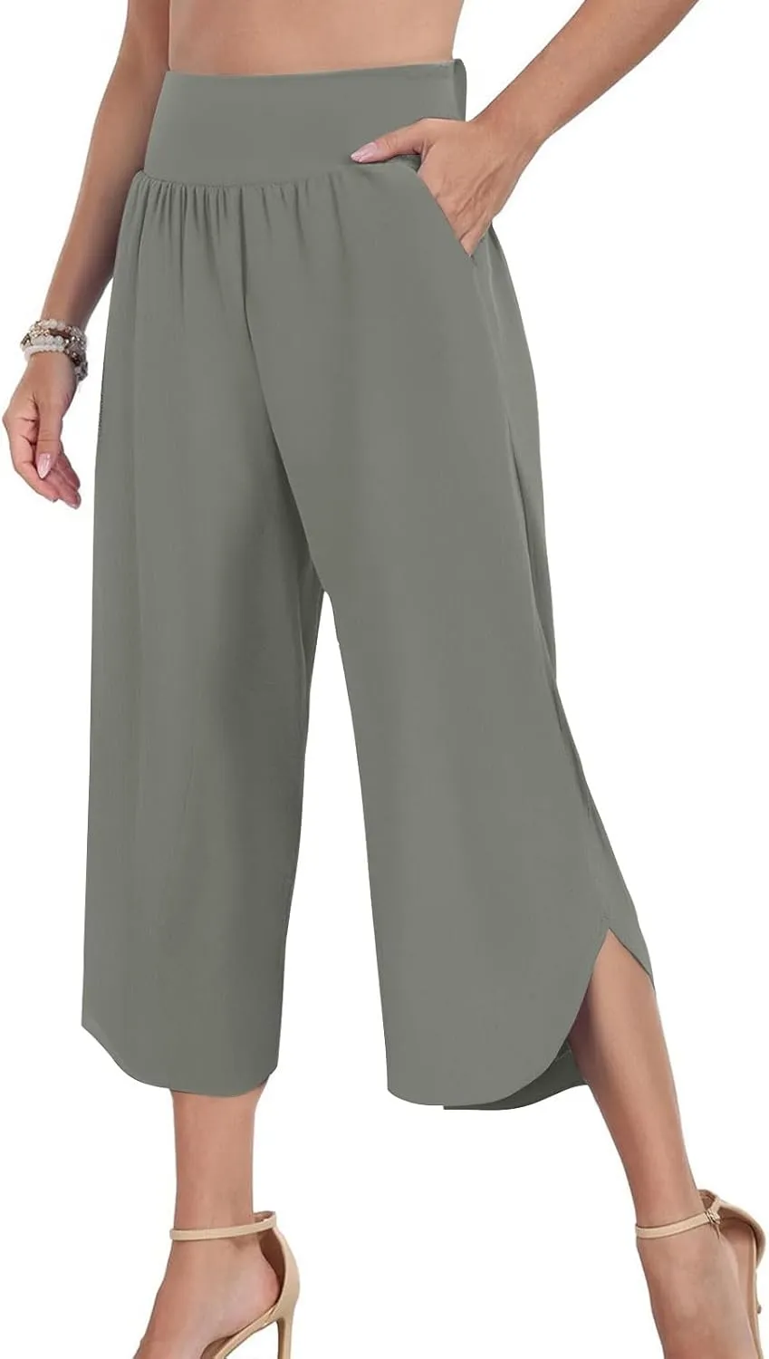 Women's Dressy Capri Pants Stylish Wide Leg Trousers with Pockets High Waist Casual Below Knee Wide Leg Shorts