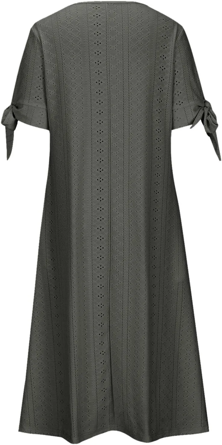 Womens Embroidery Eyelet Midi Dress Short Sleeve Notch Neck Button Down Cut Out Flowy Dress with Pockets