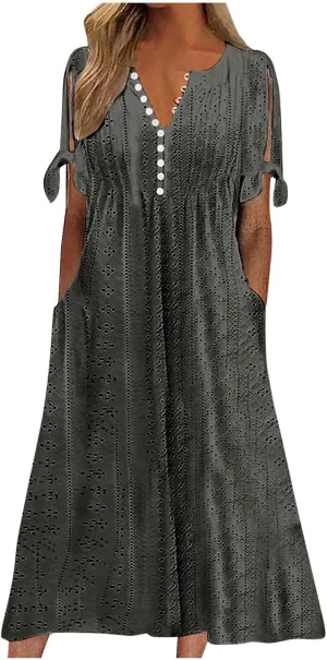 Womens Embroidery Eyelet Midi Dress Short Sleeve Notch Neck Button Down Cut Out Flowy Dress with Pockets