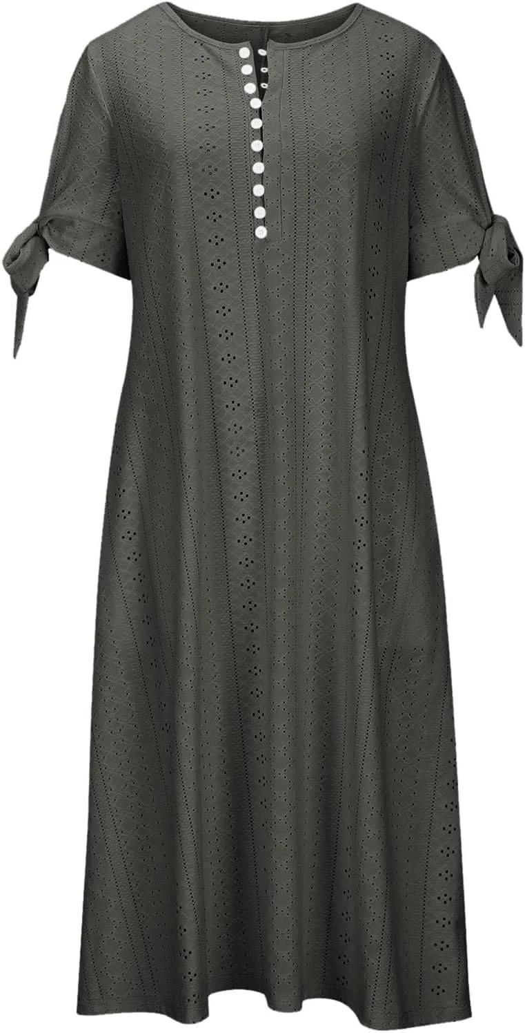 Womens Embroidery Eyelet Midi Dress Short Sleeve Notch Neck Button Down Cut Out Flowy Dress with Pockets