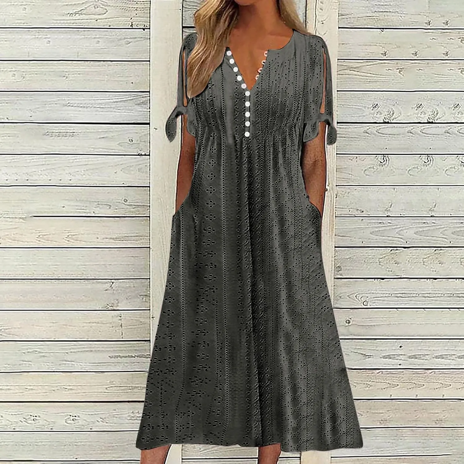Womens Embroidery Eyelet Midi Dress Short Sleeve Notch Neck Button Down Cut Out Flowy Dress with Pockets