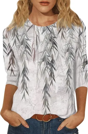 Womens Fall Tops Crew Neck Cute Tshirts 3/4 Length Sleeve Floral Print Loose Blouses Dressy Casual 2024 Pullover