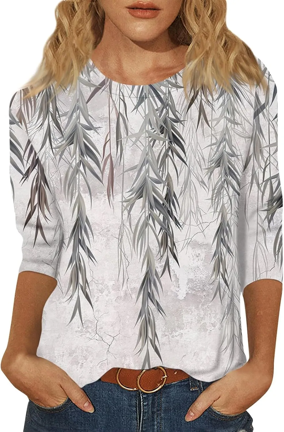 Womens Fall Tops Crew Neck Cute Tshirts 3/4 Length Sleeve Floral Print Loose Blouses Dressy Casual 2024 Pullover