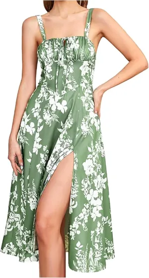 Women's Fashion Dress Summer Floral Print Sleeveless Low Collar Beach Dresses Sexy Side Slit Hem Holiday Dress