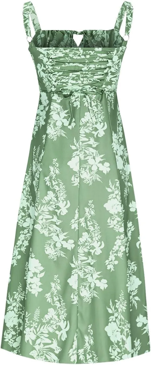 Women's Fashion Dress Summer Floral Print Sleeveless Low Collar Beach Dresses Sexy Side Slit Hem Holiday Dress