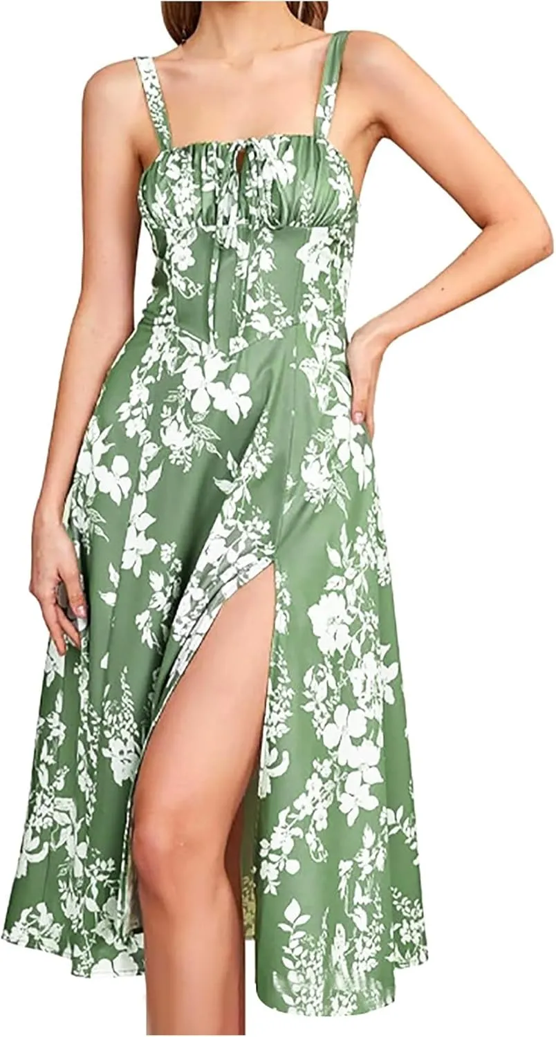 Women's Fashion Dress Summer Floral Print Sleeveless Low Collar Beach Dresses Sexy Side Slit Hem Holiday Dress