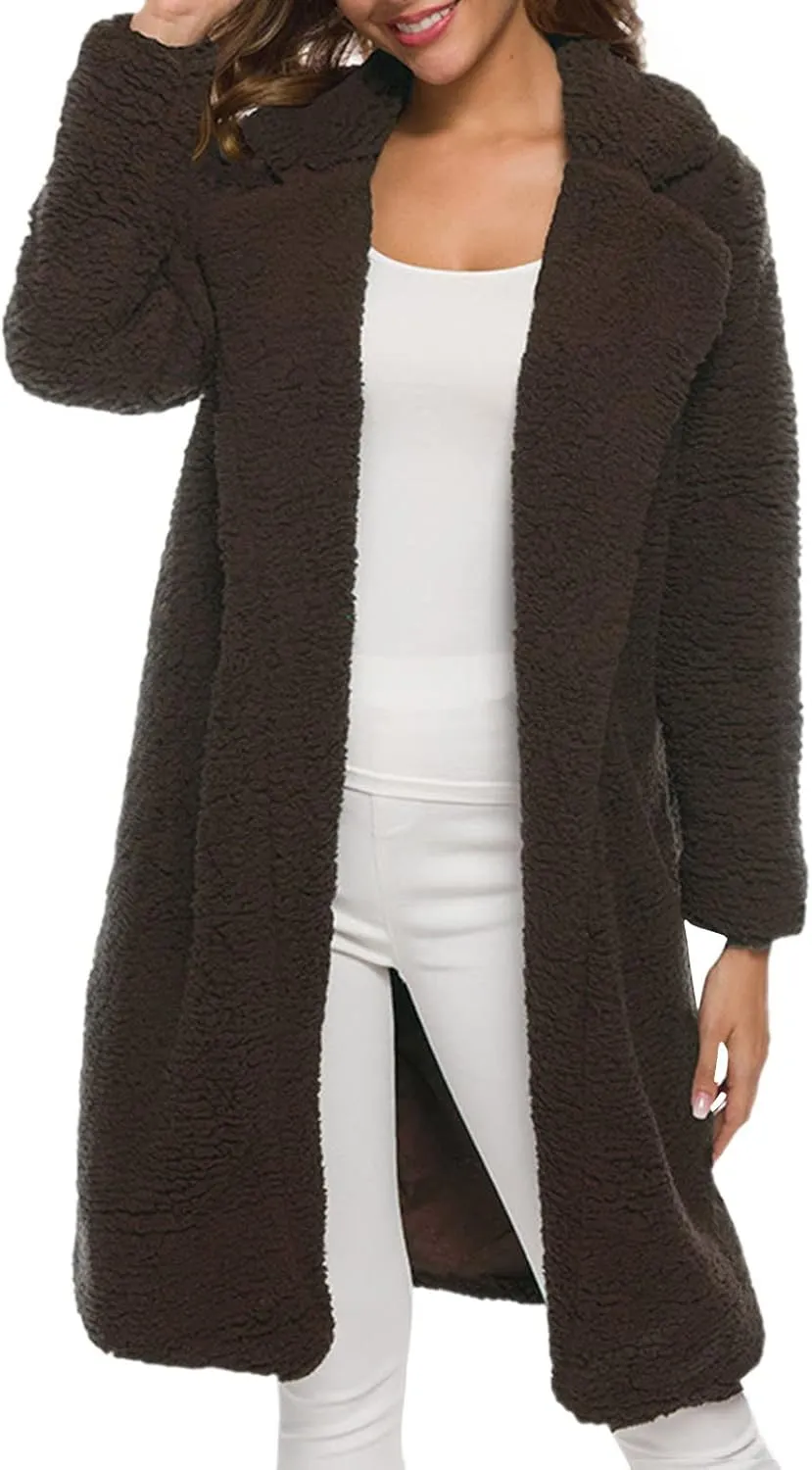 Womens Fashion Solid Length Wool Coat Long Sleeve Open Front Outwear Casual Warm Loose Overcoat Outdoor Winter Clothes