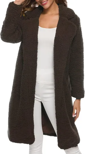 Womens Fashion Solid Length Wool Coat Long Sleeve Open Front Outwear Casual Warm Loose Overcoat Outdoor Winter Clothes
