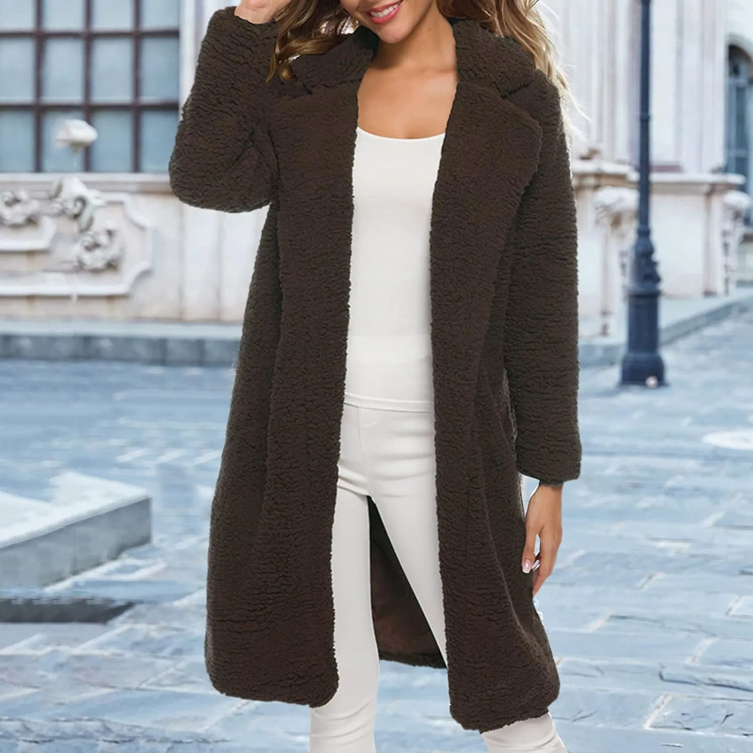 Womens Fashion Solid Length Wool Coat Long Sleeve Open Front Outwear Casual Warm Loose Overcoat Outdoor Winter Clothes