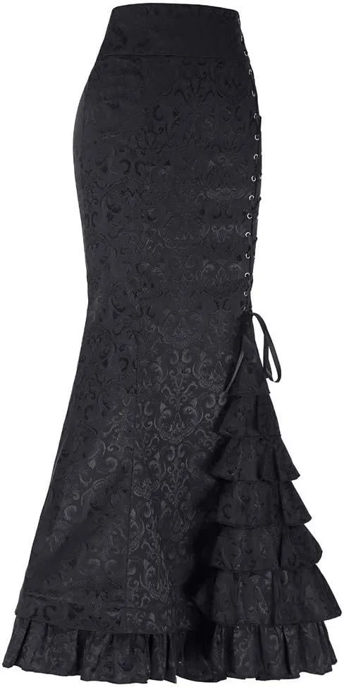 Women's Fishtail Ruffle Skirt Retro High Waist Bodycon Mermaid Long Skirts Elegant Lace Up Evening Party Dress