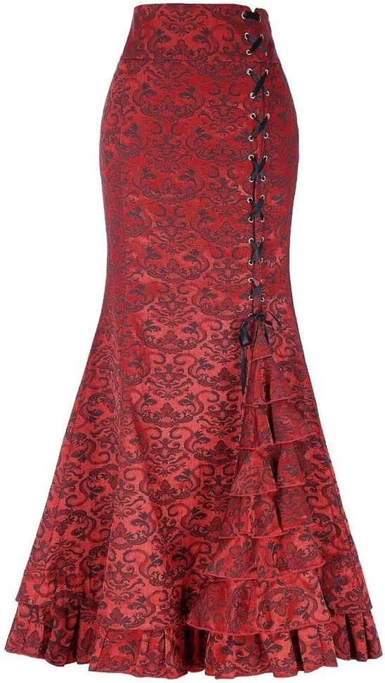 Women's Fishtail Ruffle Skirt Retro High Waist Bodycon Mermaid Long Skirts Elegant Lace Up Evening Party Dress