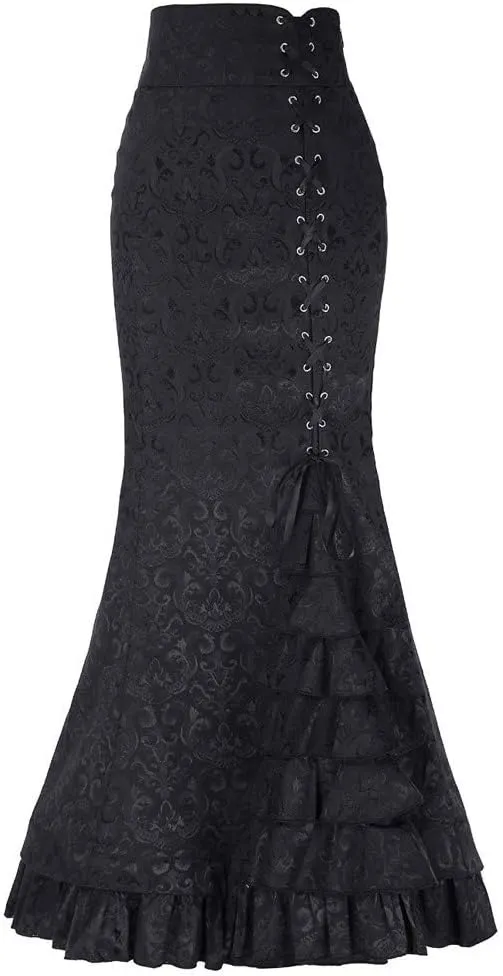 Women's Fishtail Ruffle Skirt Retro High Waist Bodycon Mermaid Long Skirts Elegant Lace Up Evening Party Dress