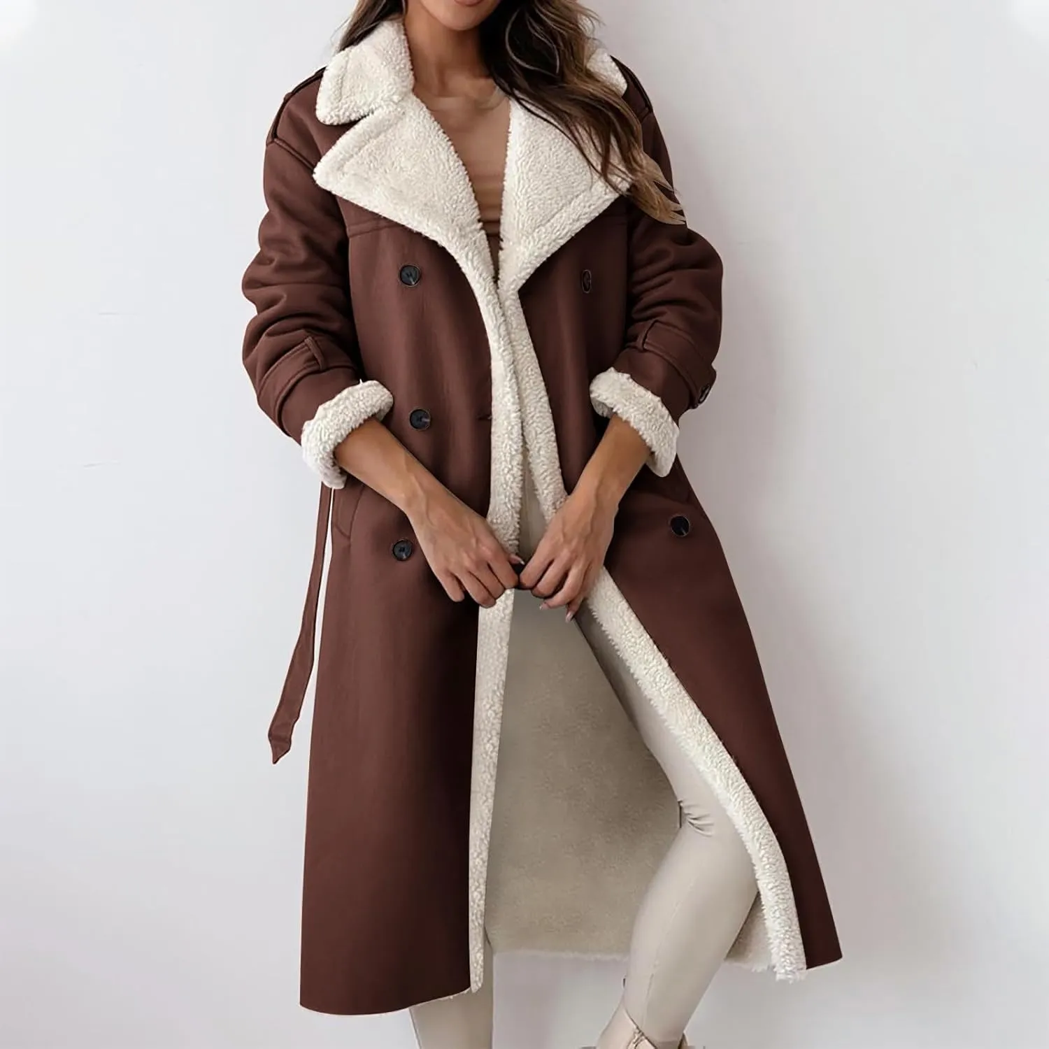 Women's Fleece Lined Overcoat Trendy Long Coats Sherpa Parka Jacket Warm Tops Sweater Plush Outerwear
