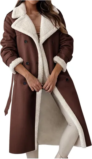 Women's Fleece Lined Overcoat Trendy Long Coats Sherpa Parka Jacket Warm Tops Sweater Plush Outerwear