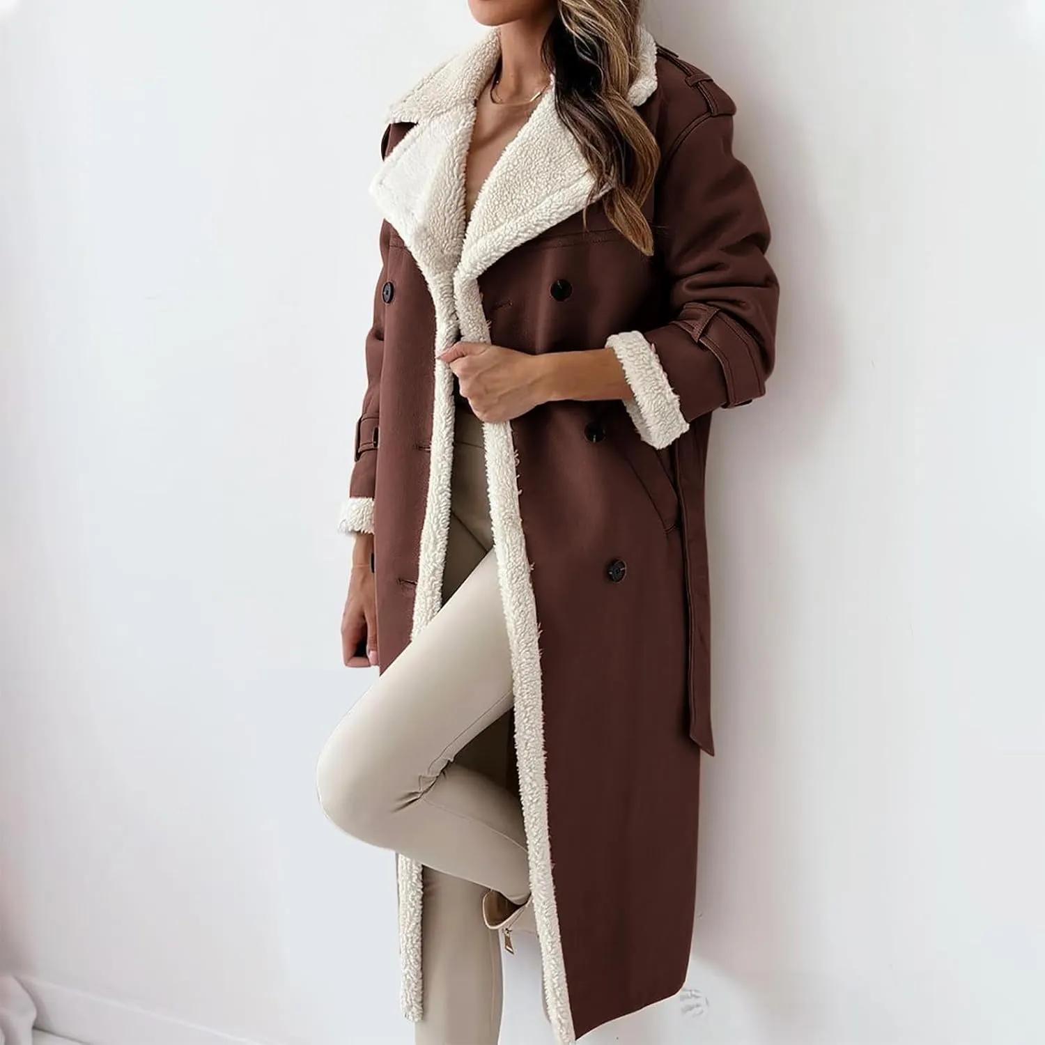 Women's Fleece Lined Overcoat Trendy Long Coats Sherpa Parka Jacket Warm Tops Sweater Plush Outerwear
