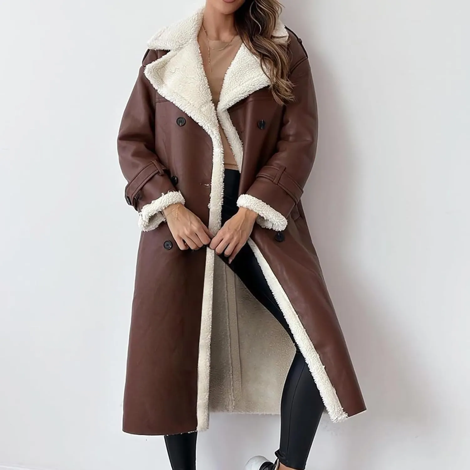 Women's Fleece Lined Overcoat Trendy Long Coats Sherpa Parka Jacket Warm Tops Sweater Plush Outerwear