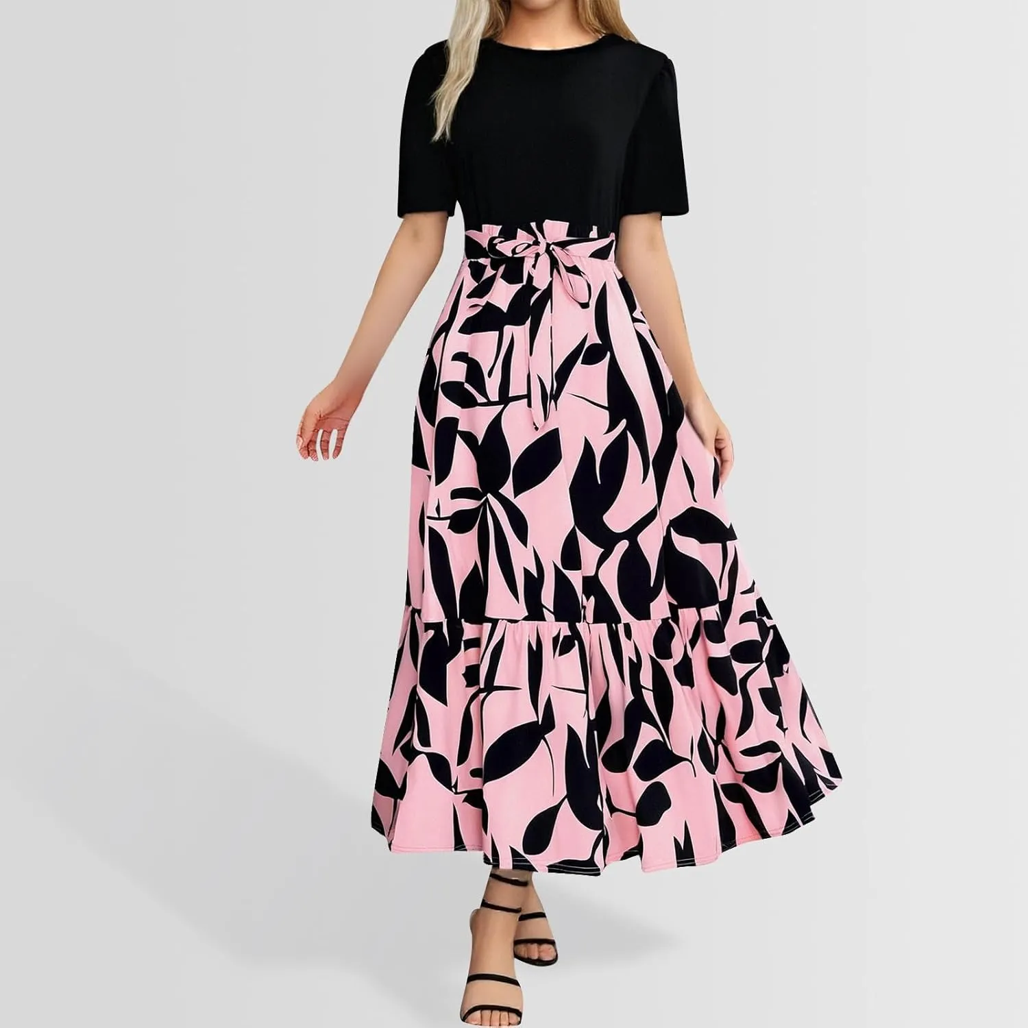 Womens Floral Maxi Dress 2025 Summer Crewneck Short Sleeve Ruffle Hem Flowy Dress Print Patchwork A Line Dresses